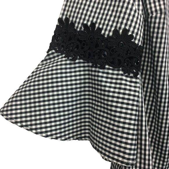 Chico's Tunic Women's Size 0 (XS/4) Black Gingham 3/4 Bell Sleeve Lace Applique - Picture 6 of 12